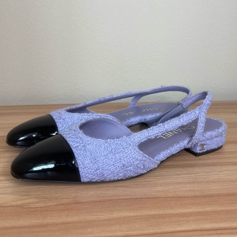 RARE Chanel Boucle Purple and Patent Leather Flat Slingbacks 37.5 - Picture 3 of 11